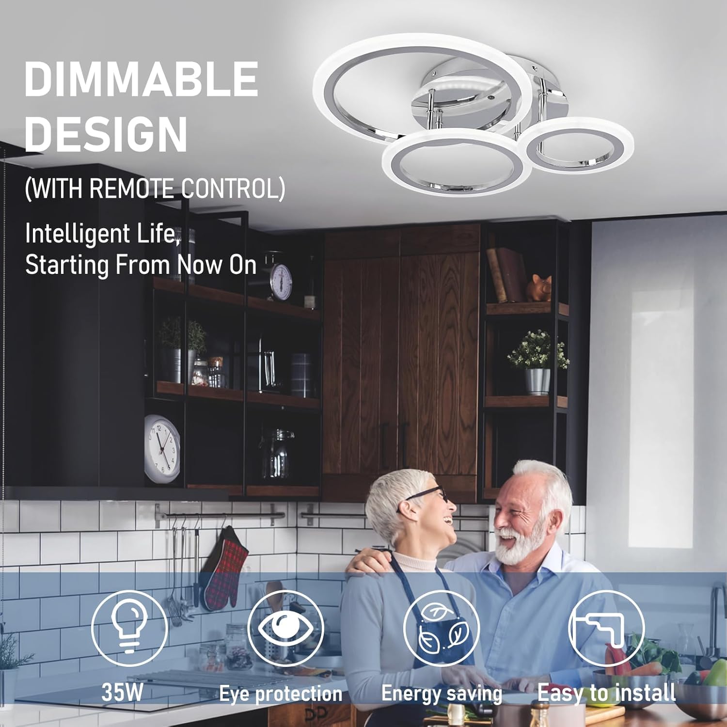 Modern kitchen with a ceiling light fixture, couple, and text about dimmable design and remote control.