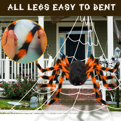 AMLOOPH Giant Spider Halloween Decorations 150cm Orange & Black – Realistic Furry Spider with Cobweb, Mini Spiders & 3D Bats for Indoor & Outdoor Halloween Displays