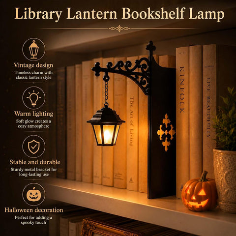 2 Pcs Library Bookshelf Lantern – Vintage Bookshelf Lamp with Warm White LED, Cordless Battery Powered Book Nook Light for Bedroom, Library & Study Room