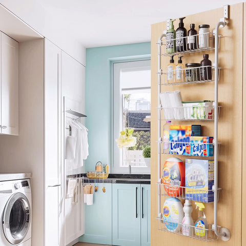 Delamu 8-Tier Over Door Storage Organiser, Adjustable Metal Pantry Shelves, Hanging Spice Rack for Kitchen, Bathroom & Laundry, White