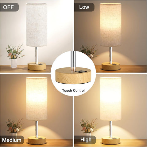 Aooshine Bedside Lamp with Touch Control, 3-Way Dimmable LED Bulb, USB-A & Type-C Charging Ports – Off White Linen Table Lamp for Bedroom, Living Room & Desk