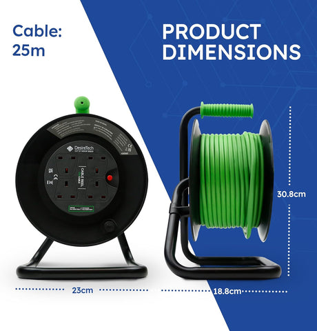 4 Socket 25m Cable Reel Extension Lead with Thermal Cut Out Green