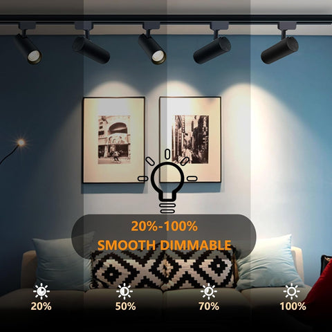 Living room with track lights and a sofa, highlighting smooth dimmable feature.