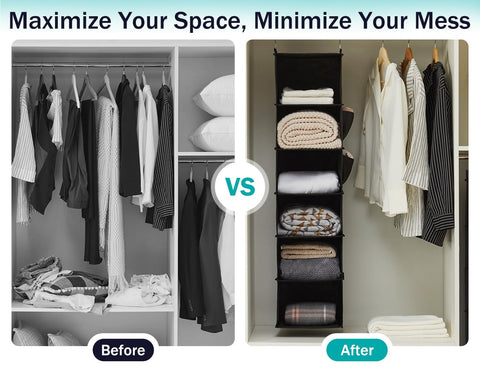 YOUDENOVA Hanging Wardrobe Organiser, 6 Shelves with Side Pockets, Grey – Make Every Shelf Count