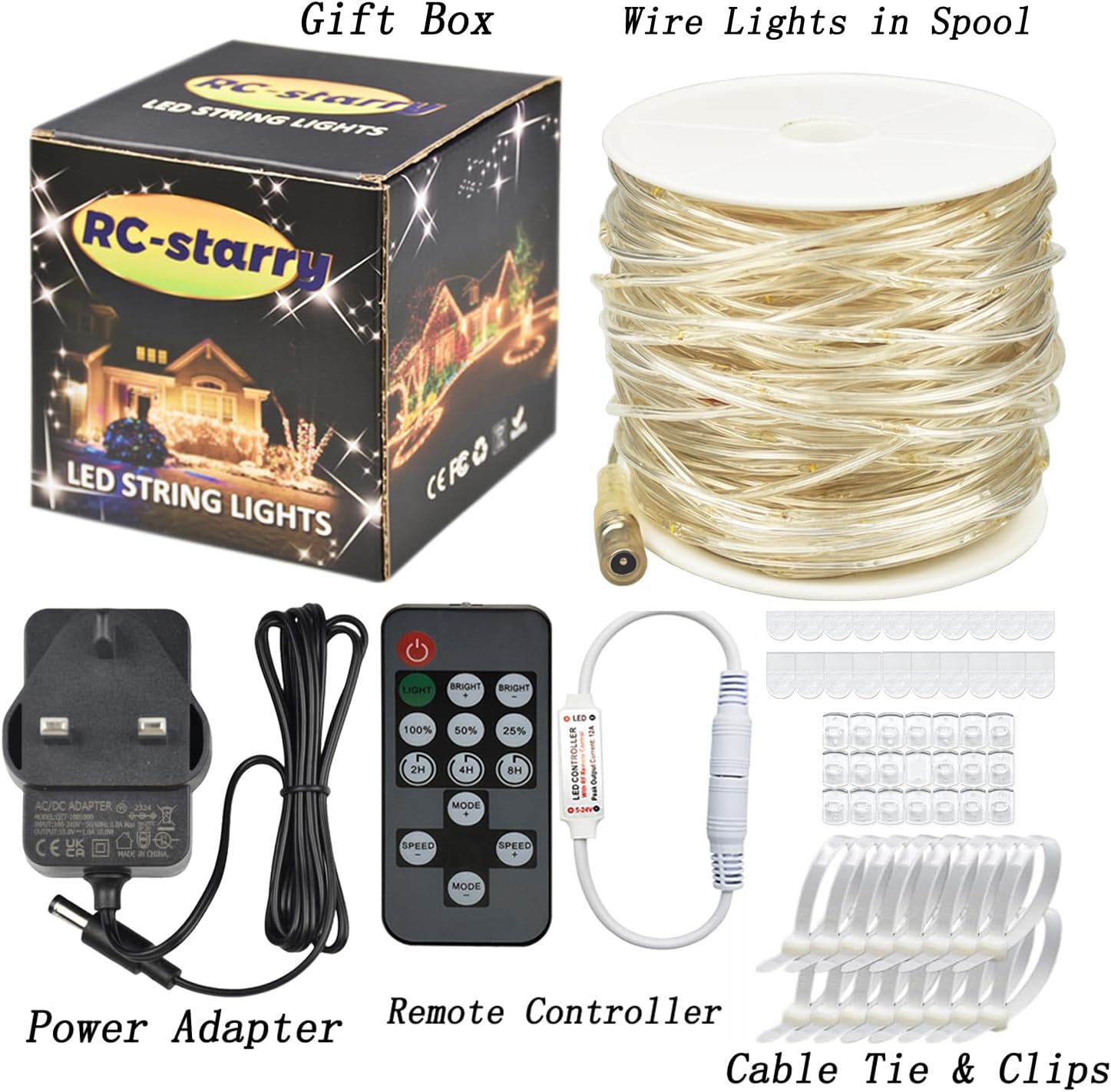 RC-starry LED string lights set with packaging, wire lights in a spool, power adapter, remote controller, and cable tie & clips.