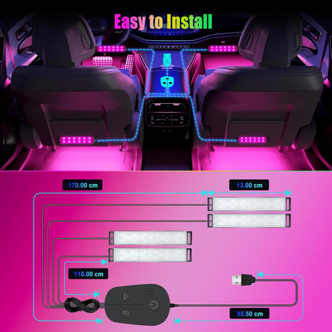 RGB Car Interior LED Light Kit with APP Control, Music Sync, USB Powered Ambient Lighting, 16 Million Colours, DC 5V