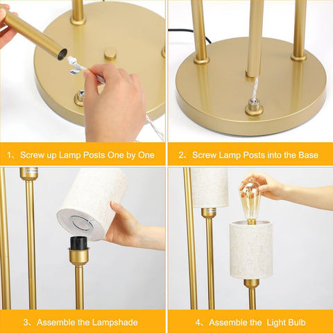 Step-by-step assembly of a gold lamp with text instructions.
