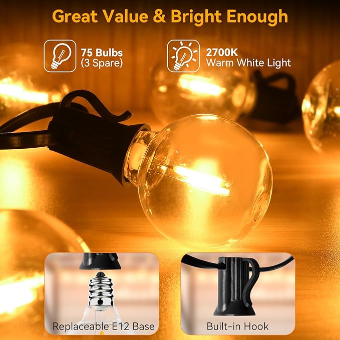 Outdoor String Lights 150FT /45.7M Festoon Patio Lights Outside Led G40 Lighting Waterproof Mains Powered with 75+3 Shatterproof Globe Bulbs Connectable for Garden Wedding Balcony
