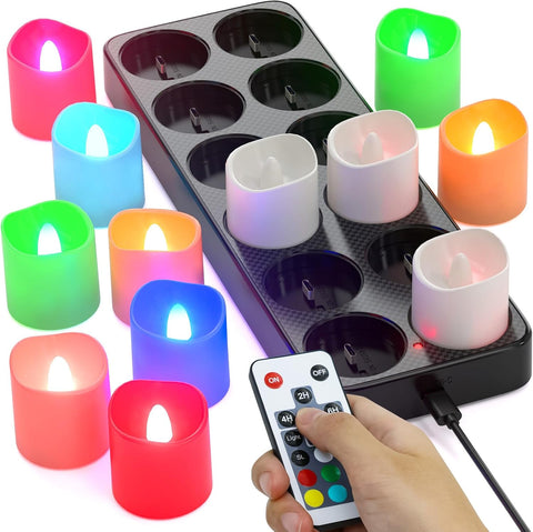 Rechargeable RGB Tea Lights, 12-Pack Flameless LED Candles with Remote, Timer & Charging Station for Home & Party Décor