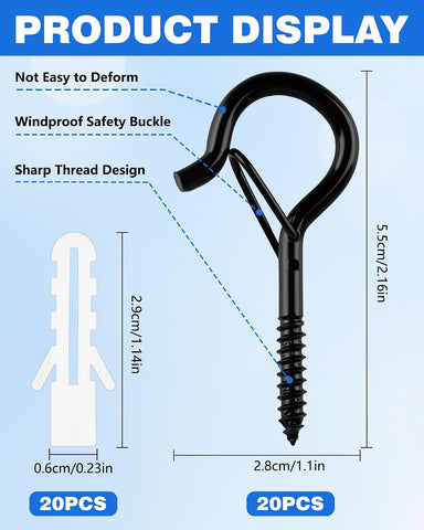 Screw in Hooks, 20 Pack Heavy Duty Screw Hooks with Safety Buckle