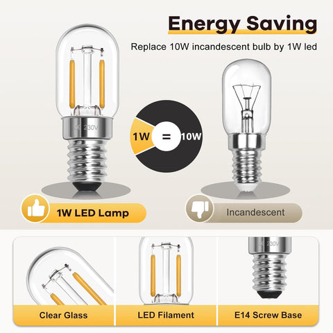 E14 LED Fridge Light Bulbs – Warm White 2700K, 1W T22 Pygmy Bulb, Replaces 10W–15W Halogen, SES Small Screw LED Bulbs for Refrigerator, Sewing Machine, Cooker Hood, Salt Lamp, Night Light – 2 Pack