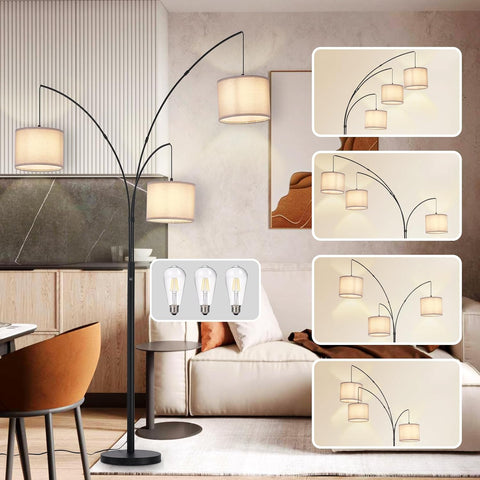 Modern 3-Light Tree Floor Lamp – Black Arc Standing Lamp with Grey Shades – Dimmable Tall Lamp for Living Room & Bedroom
