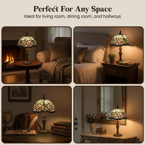 Elegant Floral Tiffany Table Lamp – Handmade Stained Glass Vintage Bedside Lamp with Touch Switch, 8-Inch Shade & 13-Inch Stand for Bedroom, Living Room & Lounge
