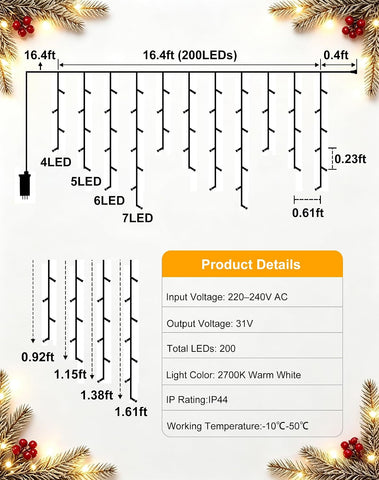 5m 200 LED Icicle Christmas Lights – Warm White Waterproof Outdoor Hanging Fairy Lights with 8 Modes, Timer & Dimmable Brightness for Roof Edges, Balconies & Patios - Give Your Home That Cosy Christmas Glow