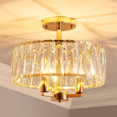 K9 Crystal Semi Flush Ceiling Light, Gold Finish, 3-Light Fixture
