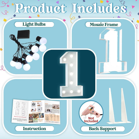 3FT Light Up Numbers Birthday Decoration Large Marquee Numbers 1 for 1st 18th 21st Birthday Party Decor Wedding, Big Number Frame Foam Cardboard Mosaic Arch Stand Pre-cut Numbers