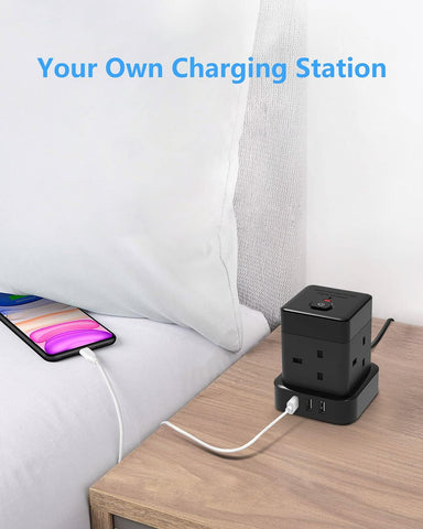 Cube Extension Lead with USB Baykul 4M Power Strip with 3 USB Slots (5V/2.4A) 4 Way Multi Plug with Switch Black Extension Cord Cable with Overload Potection for Home Office Travel Dorm