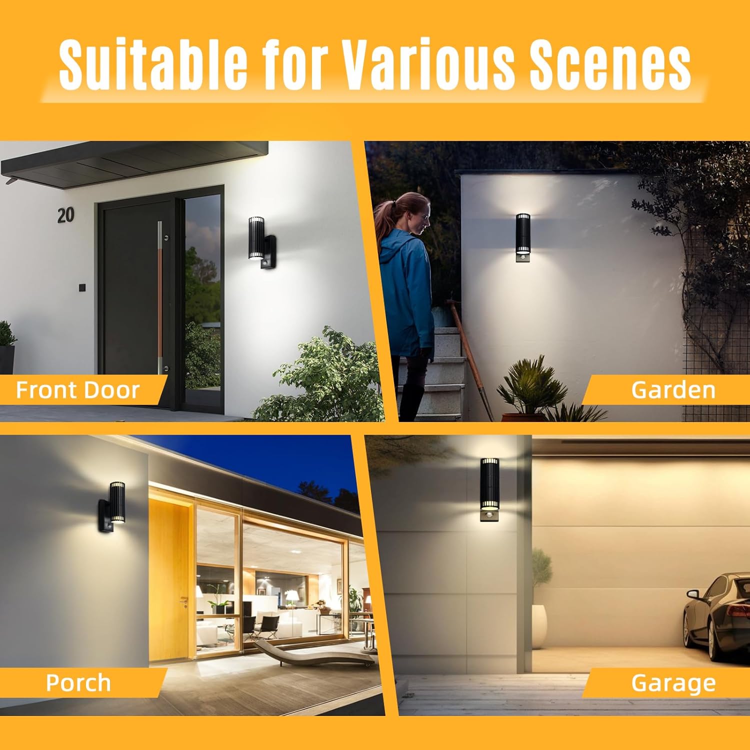 Outdoor lighting fixtures shown in various settings including front door, garden, porch, and garage.