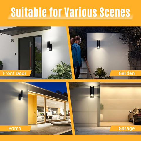 Outdoor lighting fixtures shown in various settings including front door, garden, porch, and garage.