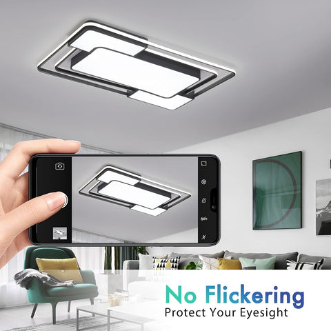 Ceiling light fixture in a room with a smartphone showing a close-up of the light, text 'No Flickering' and 'Protect Your Eyesight'.
