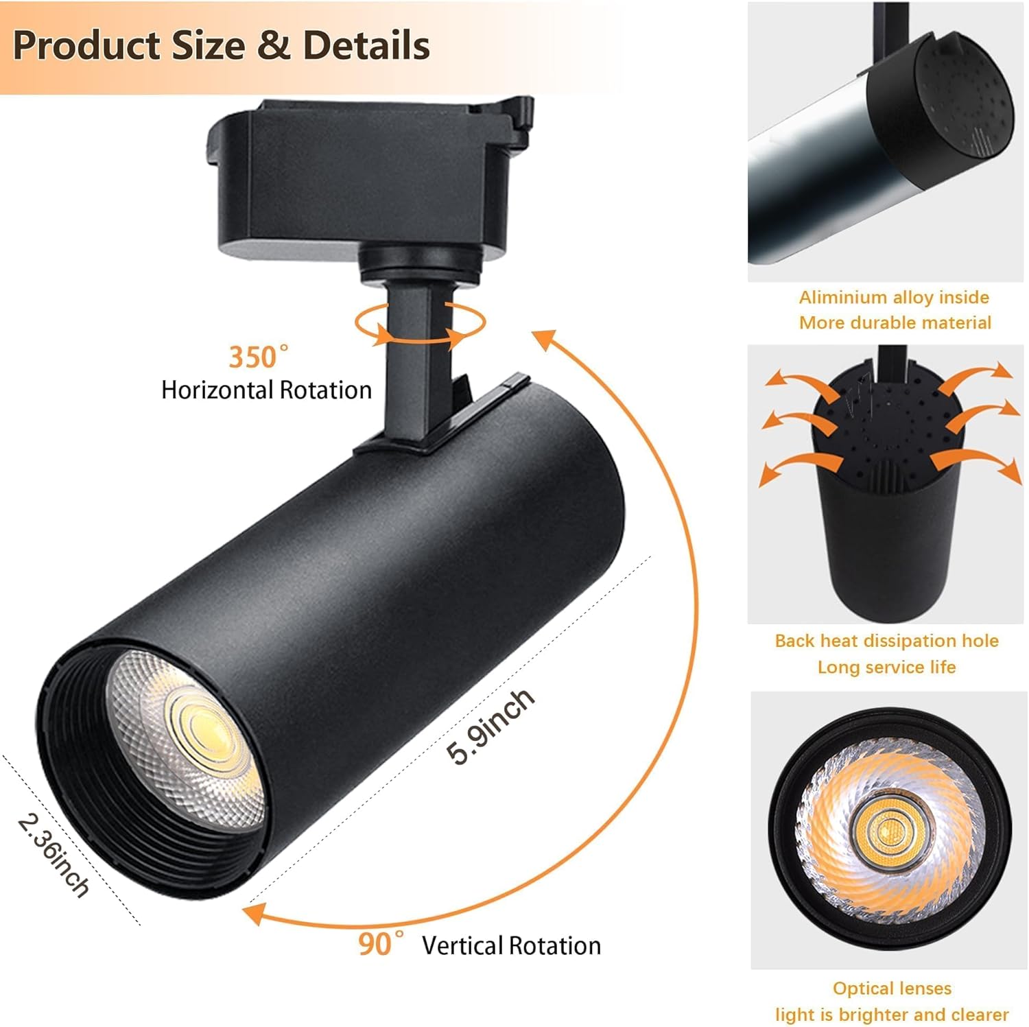 Black track light with features highlighted on a white background