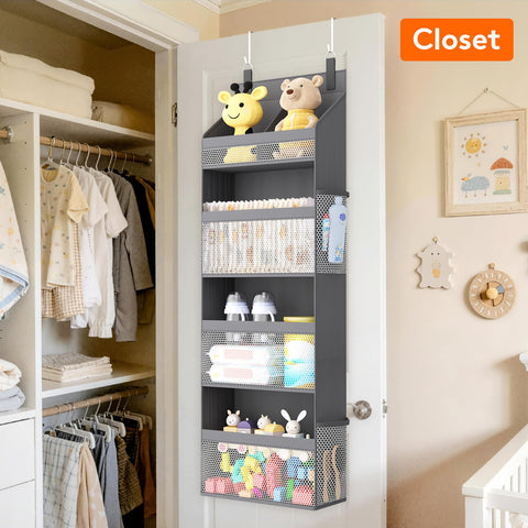 Lifewit 4-Tier Over Door Diaper Organiser, Beige – Space-Saving Hanging Nursery Storage with Mesh Windows
