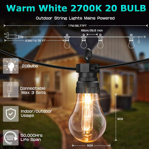 Outdoor string lights with a bulb, showing features and usage details.