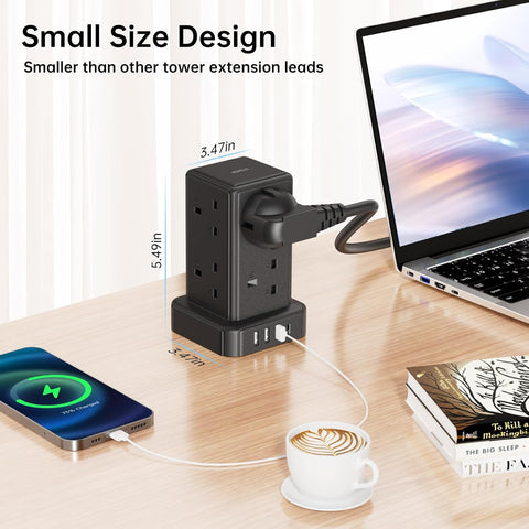 Kemelo Tower Extension Lead – 8-Way Multi Plug with 4 USB Ports, 2M Cable, 13A 3250W Surge Protection – Bring Order to Your Busy Charging Corner