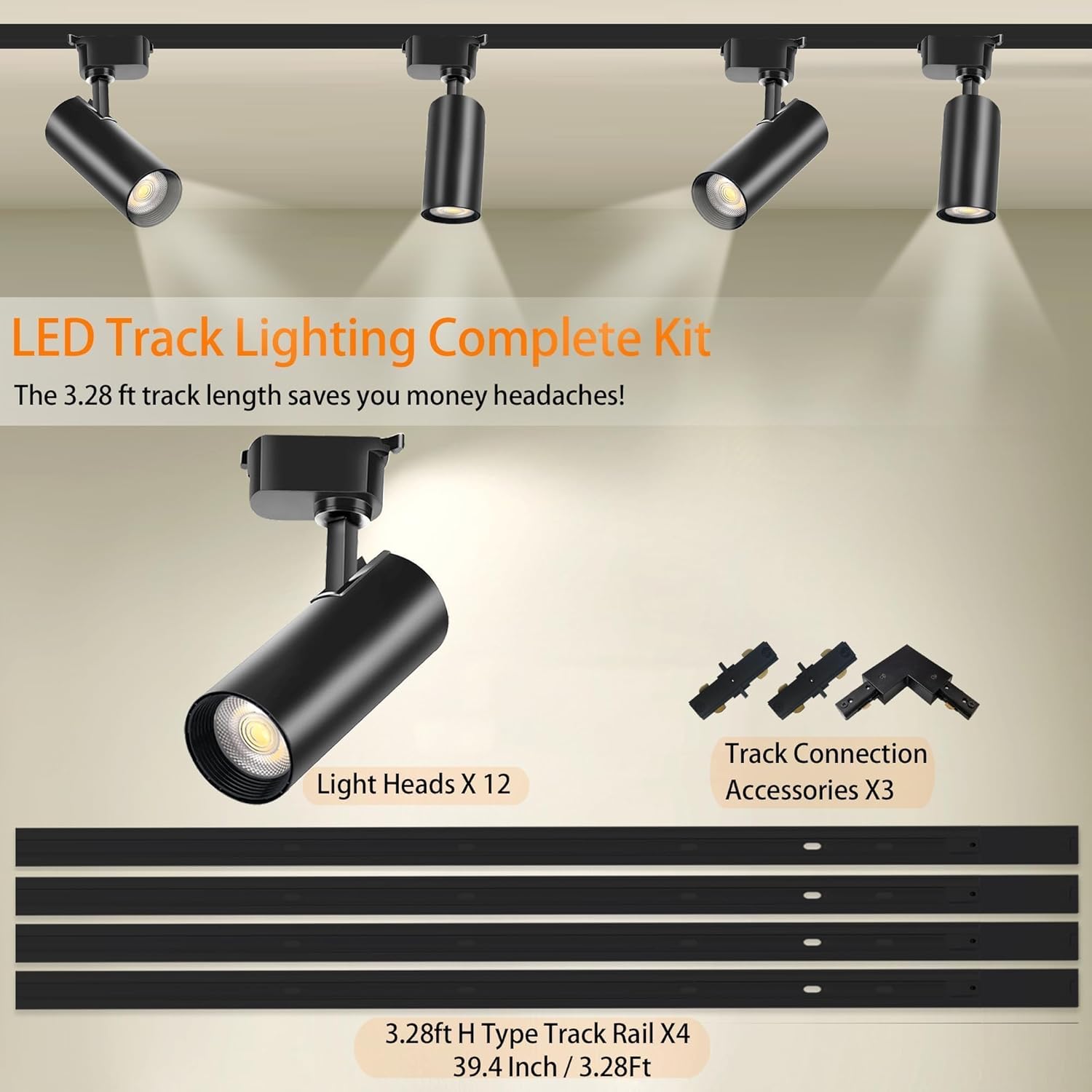 LED track lighting complete kit with light heads, track rail, and connection accessories on a neutral background.