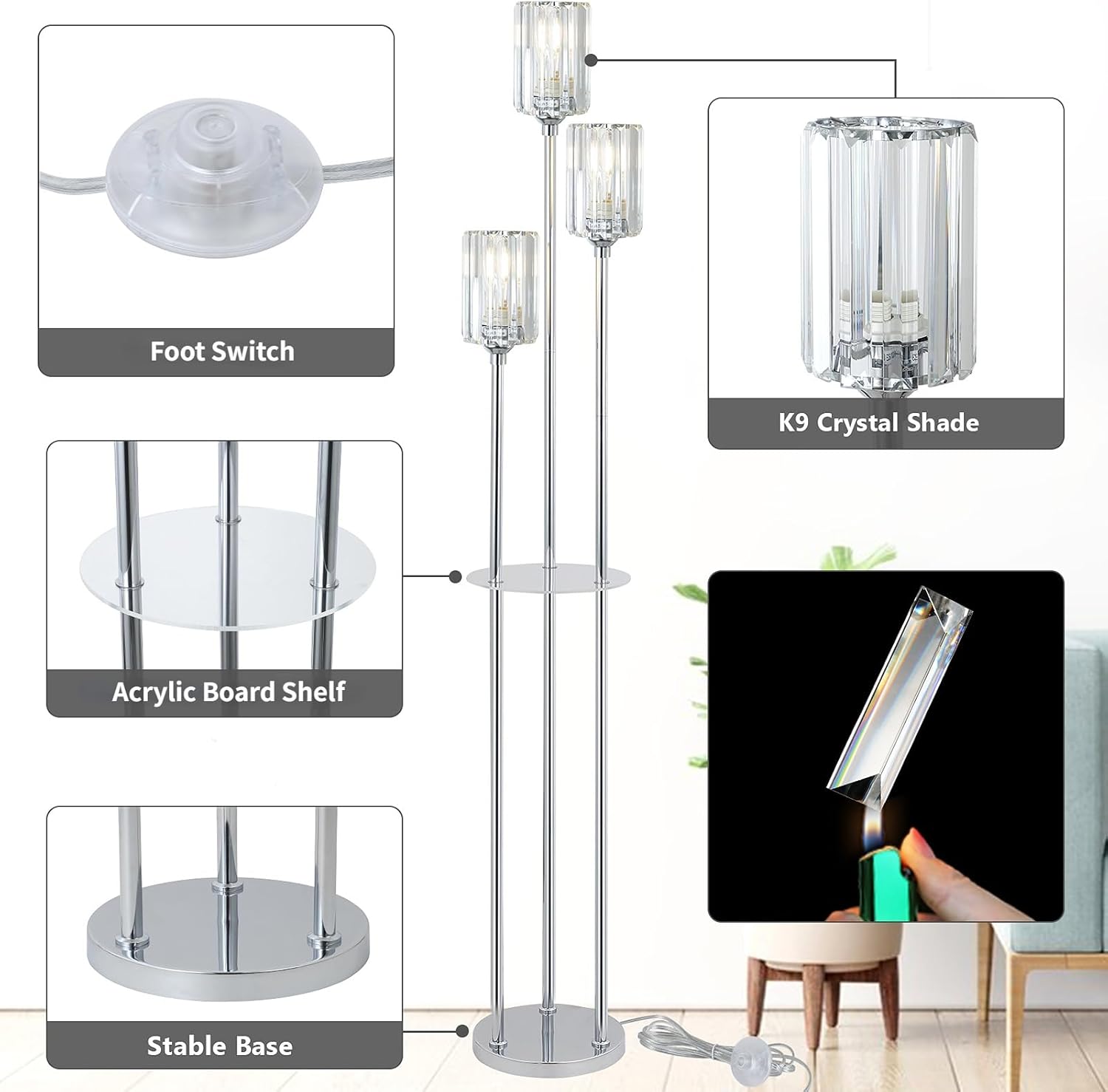 Floor lamp with labeled parts including foot switch, K9 crystal shade, acrylic board shelf, and stable base.