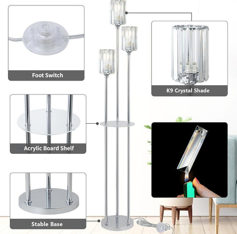 Floor lamp with labeled parts including foot switch, K9 crystal shade, acrylic board shelf, and stable base.