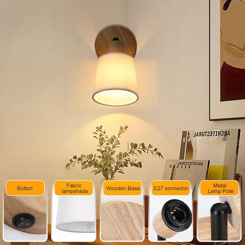 Wood Vintage Wall Light with Switch E27 Fabric Shade