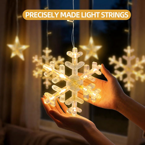 Christmas Window Curtain Lights 3.5M, 138 LED Stars & Snowflake Fairy String Lights with 8 Flashing Modes, USB & Battery Operated Warm White Christmas Tree & Wedding Decor