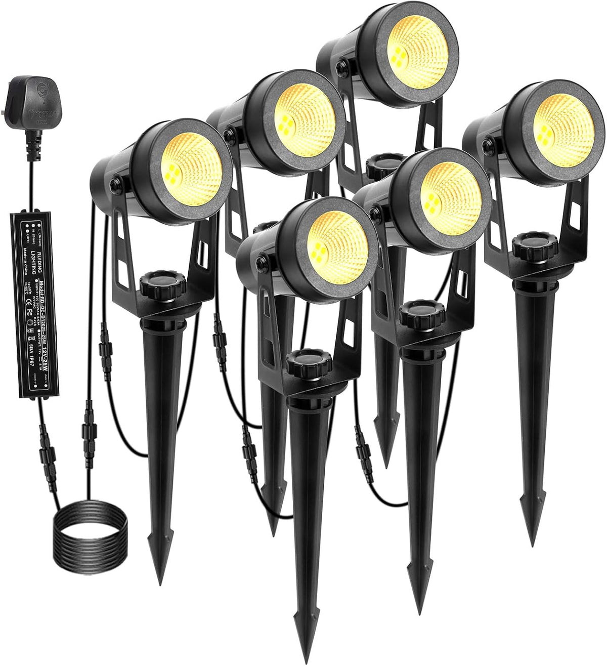 ECOWHO Garden Spotlights Mains, 21m Extendable Outdoor Spike Lights 12V LED Pathway Lighting IP65 Waterproof Electric Garden Uplighter for Path Yard Patio (18W 6-Packs Warm White), Wall/Spike Mounted
