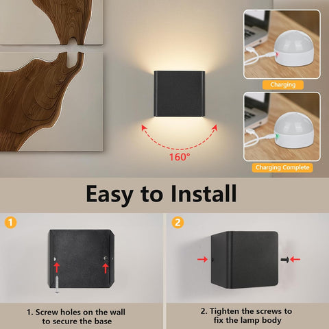 Wall Light LED Indoor - Black Wall Sconce Indoor USB Rechargeable 1.5W 3000K 4000K 6000K Brightness Adjustable - Modern Wall Lamp for Living Room Bedroom Stairs Hallway