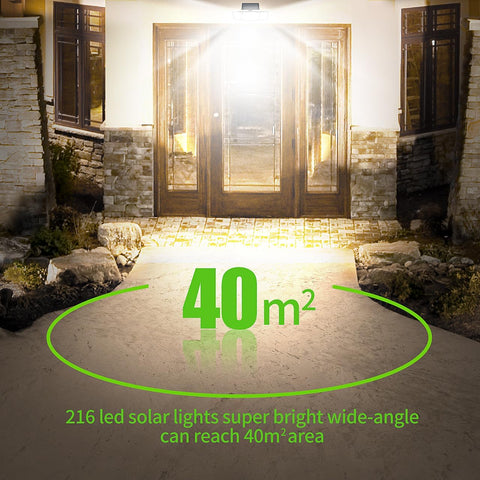 Solar lights illuminating a pathway with text indicating coverage area and number of lights.