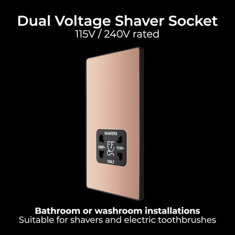 BG Electrical Dual Voltage Shaver Plug Socket, Electric Toothbrush Charger Socket for Bathrooms, Screwless Front Plate, Round Edges, Evolve, 2-Pin, Polished Copper, 115V / 240V, PCDCP20B