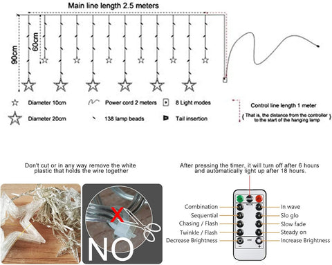 Product specifications and usage instructions for hanging star lights with a remote control.