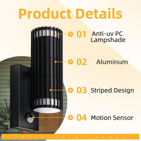 Black outdoor wall light with features highlighted on a beige background