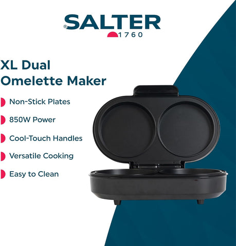 Salter XL Duo Omelette Maker Non-Stick Double Egg Cooker 850W Black