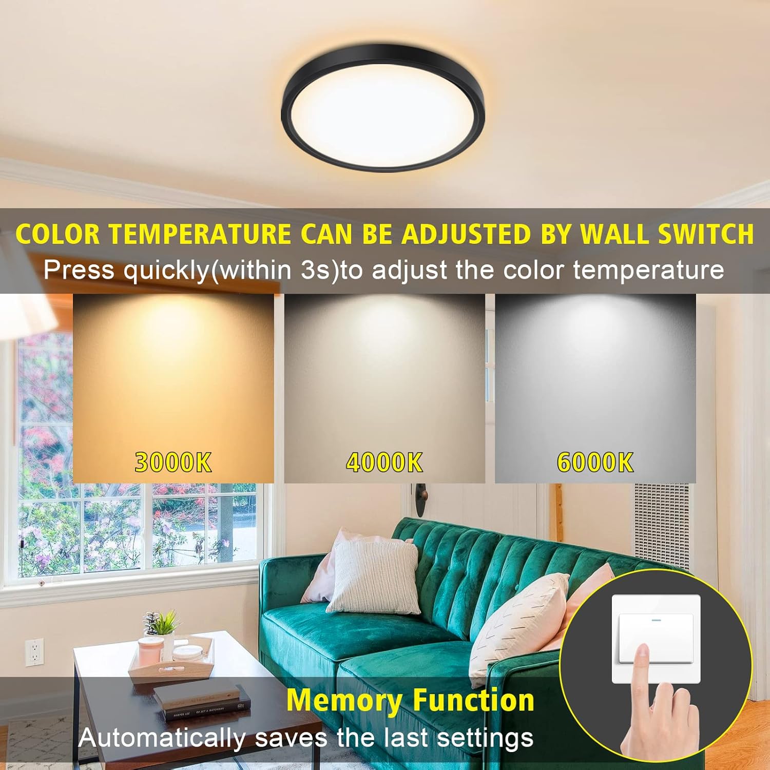 Living room with a ceiling light fixture and color temperature adjustment feature highlighted.