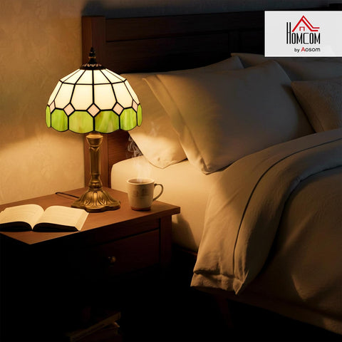 HOMCOM Handmade Stained Glass Table Lamp – Tiffany-Style Green Bedside Lamp with Bronze-Tone Zinc Alloy Base, E27 Socket & 40W Max for Bedroom, Living Room & Home