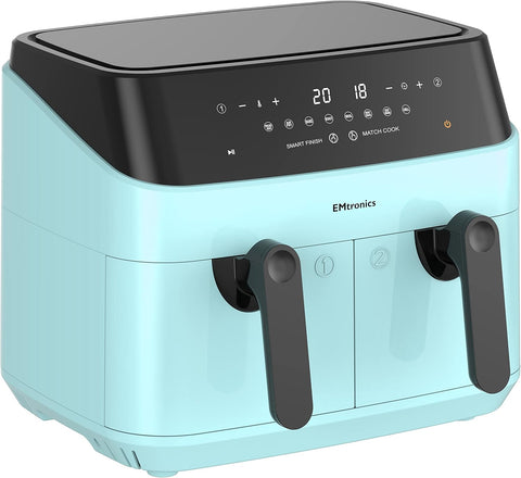 9L Dual Air Fryer XXL Family Size – 8 Presets, Oil-Free Healthy Cooking, Easy-Clean Metal Interior, 99-Min Timer – Aqua Blue