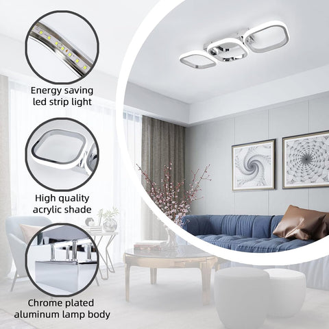 Living room with a ceiling light fixture, energy-saving LED strip light, high-quality acrylic shade, and chrome-plated aluminum lamp body highlighted.