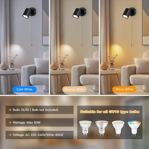 Adjustable Indoor Wall Lamp - GU10 Modern Wall Lights for Living Room - with Pull Cord Switch - Black Wall Spotlight Fixtures - Wall Sconces for Bedroom Bedside Hallway - Bulb Not Included