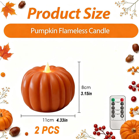 2 Pcs Pumpkin Flameless Candle with Remote, LED Battery Operated Real Wax 3D Flickering Pillar Candle, Autumn Halloween Thanksgiving Home Decoration Fall Gift for Indoor Farmhouse Decor