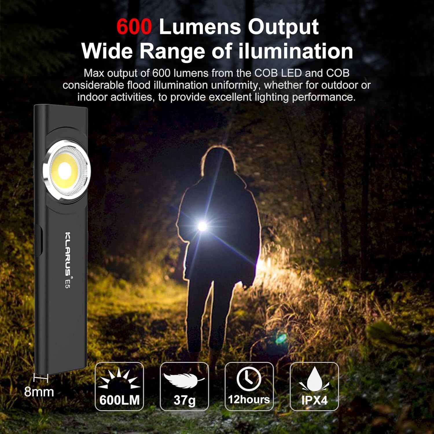 Person using a flashlight with Klarus branding in a dark outdoor setting, highlighting 600 lumens output.