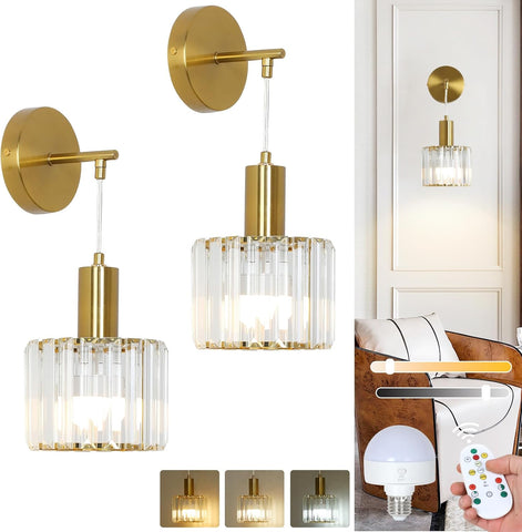 Gold Battery Operated LED Wall Lights Set of 2 with Remote