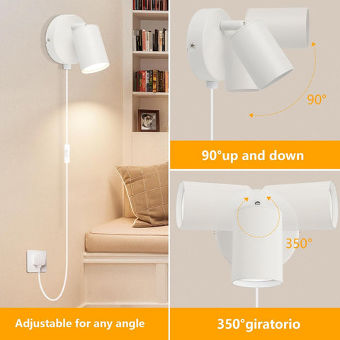 White Plug In Wall Light GU10 Rotatable with Switch