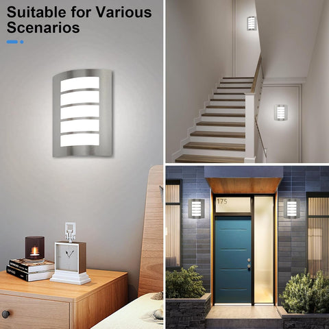 Collage of wall lights in various settings including a staircase, bedroom, and front door.
